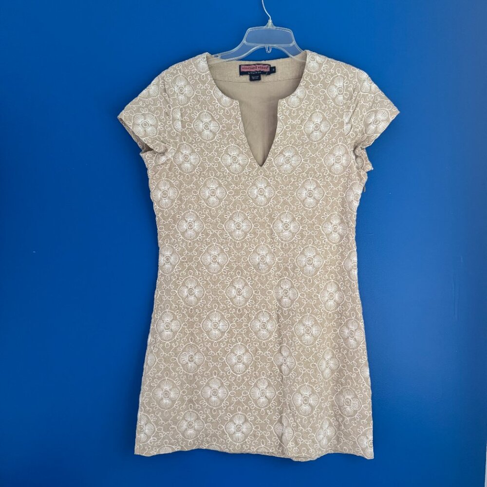Vineyard Vines Linen Embroidered Women's Split Neck Preppy Mini Dress - Size 4